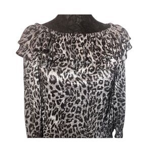 NWT MICHAEL KORS Animal Print Ruffle Off-Shoulder Long Sleeves Shinny Gray B…